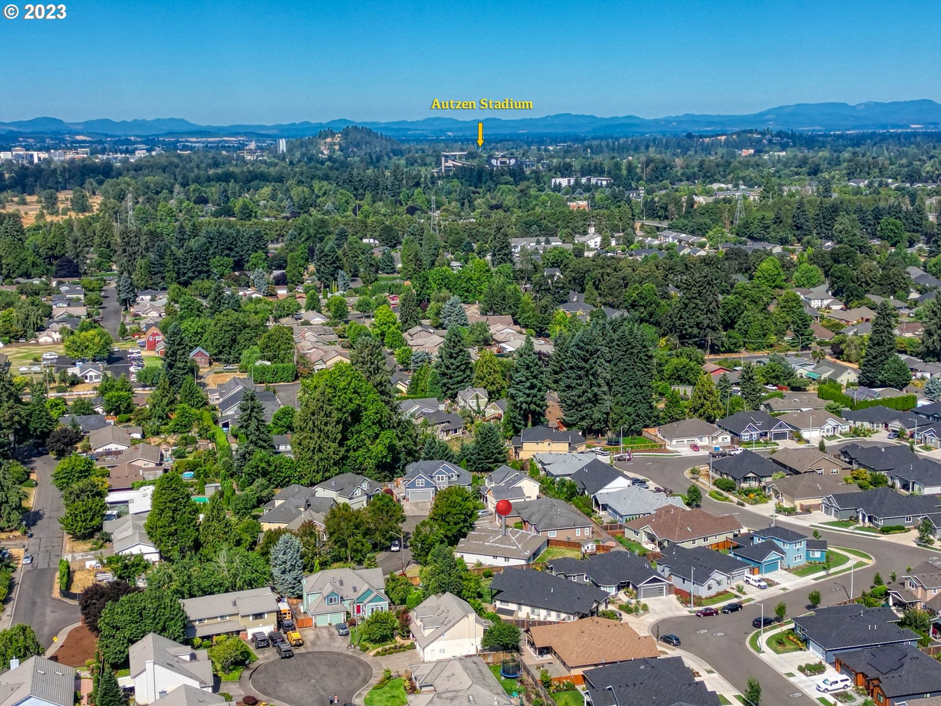 1038 Diamond Street Springfield, OR 97477 - Photo 45 of 48 an aerial view of a city with lots of residential buildings and mountain view in back