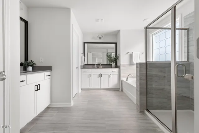 a bathroom with a double vanity sink a mirror and a shower