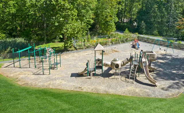 a view of a park with slide