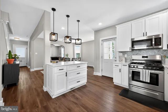 a kitchen with stainless steel appliances white cabinets a stove a sink and a wooden floors