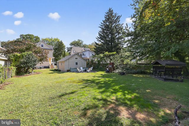 a backyard of a house with plants and large trees