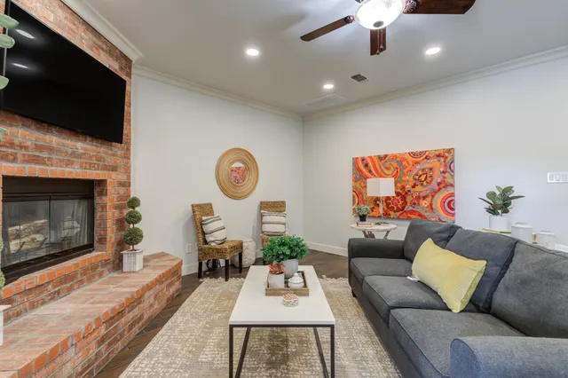 a living room with furniture a rug and a potted plant