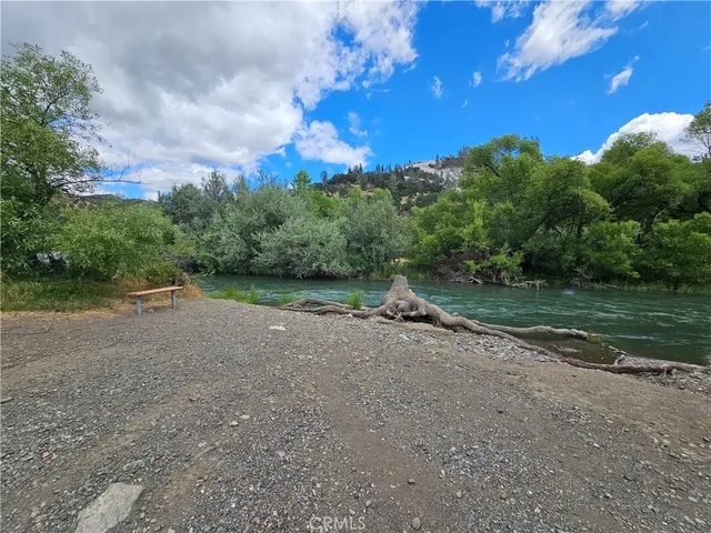 a view of a field with large trees
