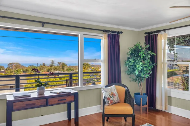 a view of a city from a living room