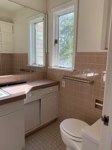a bathroom with a sink a toilet and a mirror