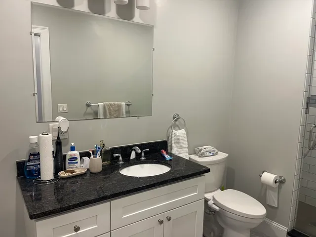 a bathroom with a granite countertop sink a large mirror and toilet