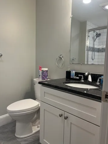 a bathroom with a granite countertop toilet and a sink