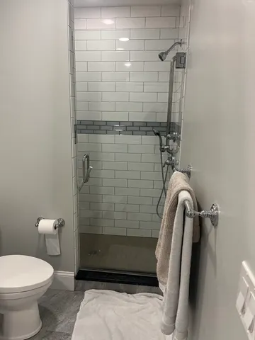 a bathroom with a shower and a toilet