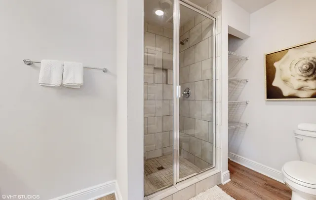 a bathroom with a shower and toilet