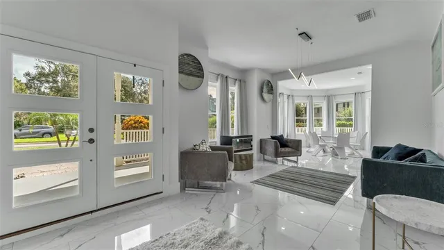 a view of a dining room with furniture window and outside view