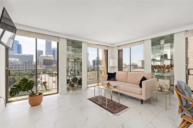 a living room with furniture and a potted plant