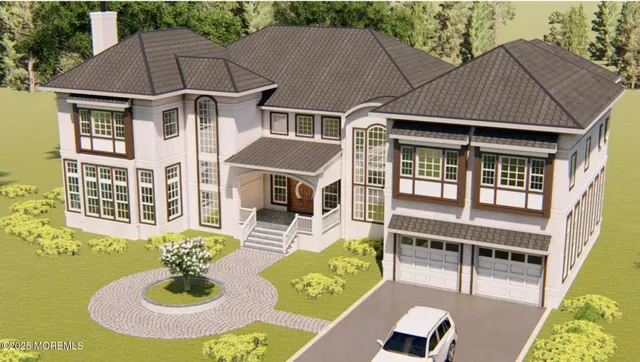 a front view of a house with a yard fire pit and outdoor seating