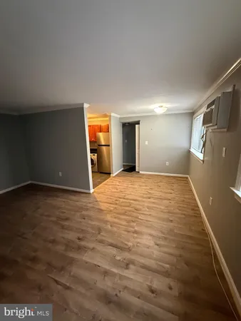 a view of empty room with wooden floor