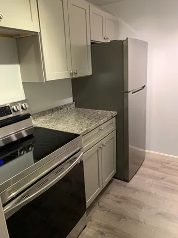 a kitchen with a refrigerator stove and cabinets