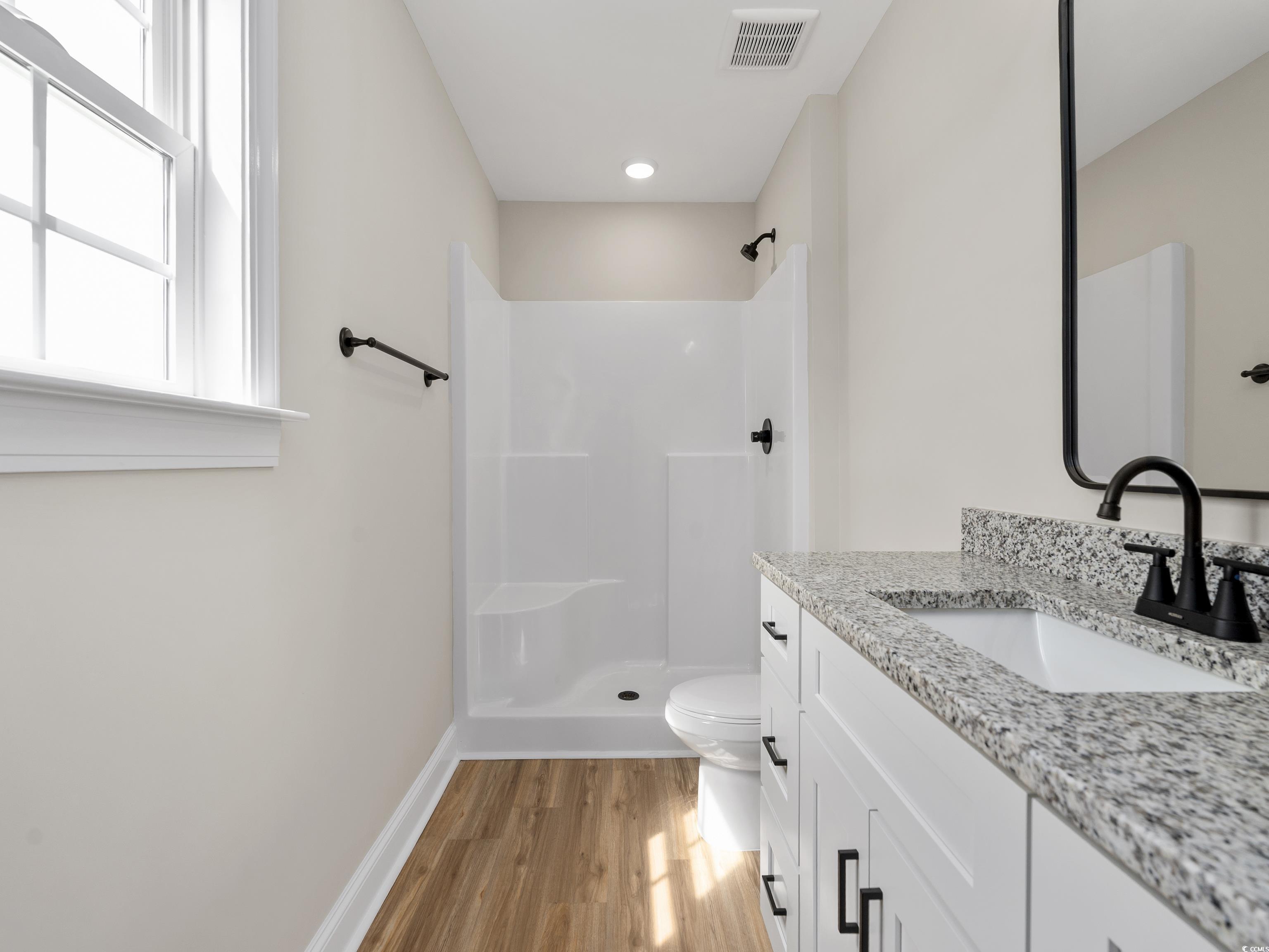 849 Highway 67 Loris Sc 29569 Loris, SC 29569 - Photo 16 of 28 Full bath featuring vanity, visible vents, walk in shower, and wood finished floors