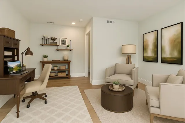 a view of a livingroom with workspace and a couch