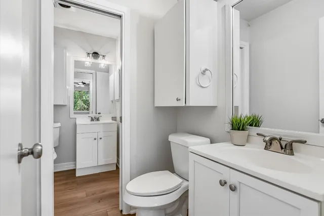 a bathroom with a sink a toilet and a mirror