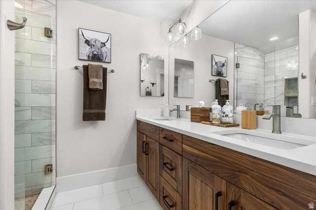 1210 East Bristle Cone Road Pine Valley, UT 84781 - Photo 28 of 54 Full bath featuring double vanity, a stall shower, and light tile patterned flooring