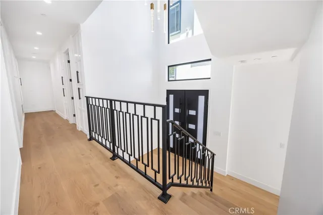 an empty room with chandelier