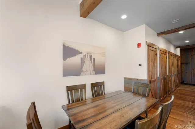a view of a dining room with furniture