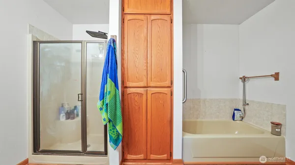 a bathroom with a bathtub and a shower