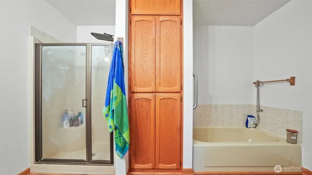 a bathroom with a bathtub and a shower