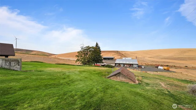 an aerial view of residential houses with outdoor space and trees