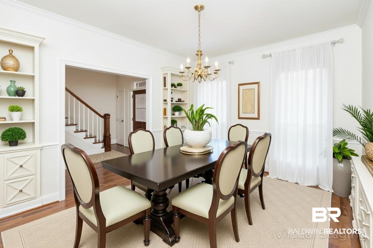 105 McHugh Lane Mobile, AL 36608 - Photo 2 of 30 VIRTUALLY STAGED: Dining room featuring ornamental molding, light wood-style flooring, a chandelier, stairway, and built in shelves