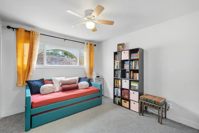 a bedroom with a bed and a book shelf