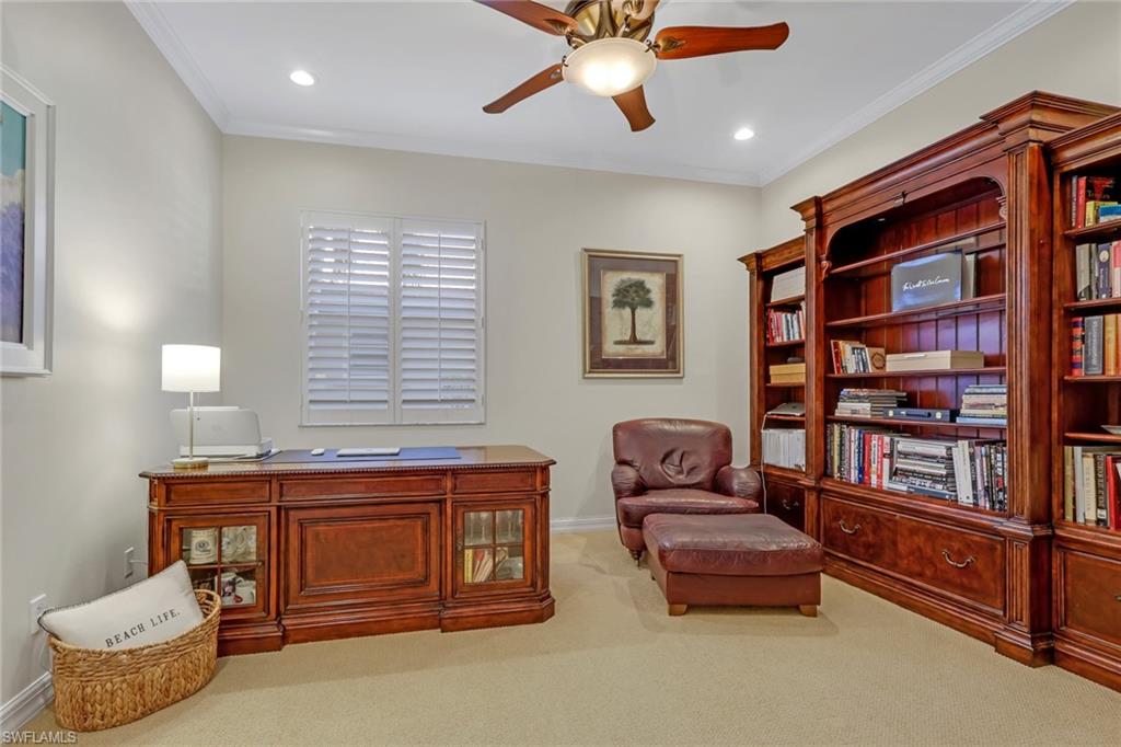 1859 Ivory Cane Point Naples, FL 34119 - Photo 19 of 50 Office with ceiling fan, light carpet, crown molding, and recessed lighting