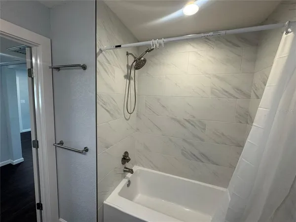 a bathroom with a bathtub