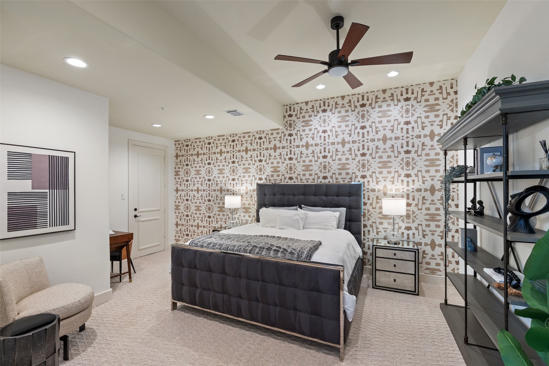 1529 Barton Springs Road, Unit 2 Austin, TX 78704 - Photo 21 of 40 a bedroom with a bed and a fireplace