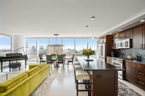 a view of a dining room with furniture