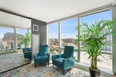 a living room with furniture potted plant and a large window