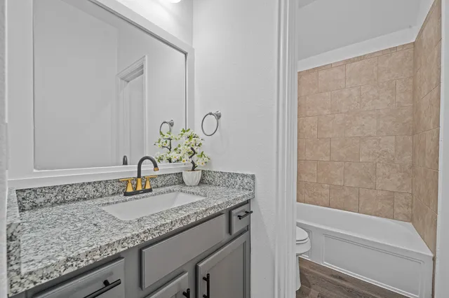 a bathroom with a granite countertop sink and a mirror