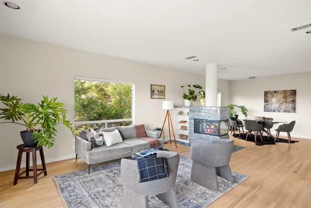 a living room with furniture a fireplace and a potted plant