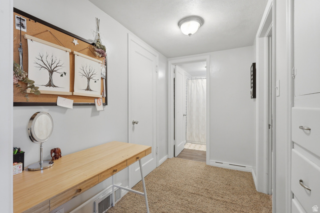 85 North 800 West Provo, UT 84601 - Photo 15 of 25 Carpeted hallway with built-in storage cabinetry featuring white shaker-style drawers and a contrasting light wood-finish countertop