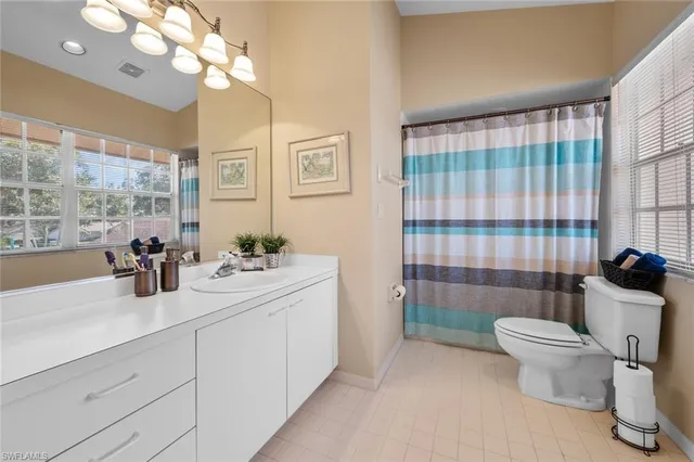 a bathroom with a sink a toilet a mirror and shower curtain