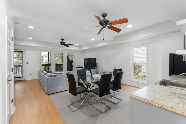 a view of a dining room with furniture