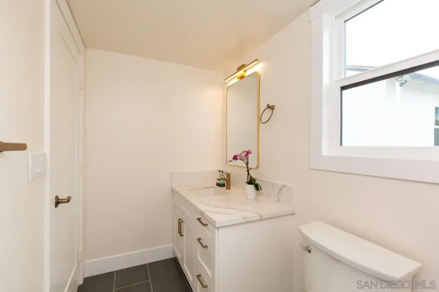 a bathroom with a sink toilet and mirror
