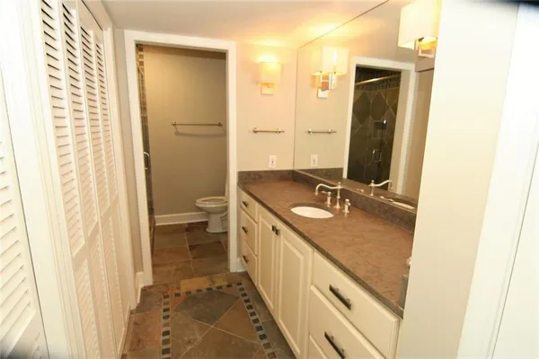 a bathroom with a granite countertop sink toilet and shower