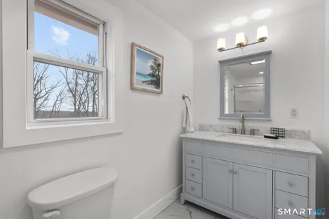 a bathroom with a toilet a sink and mirror