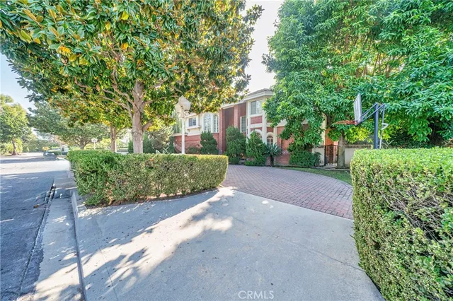 a view of a street with potted plants and large trees