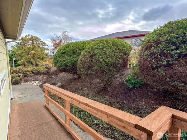 a view of a yard with potted plants