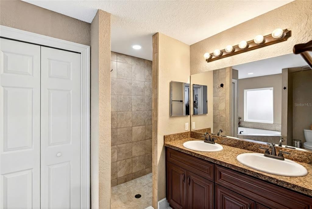3001 Southwest 173rd Street Road Ocala, FL 34473 - Photo 23 of 28 a bathroom with a granite countertop sink a mirror and a shower