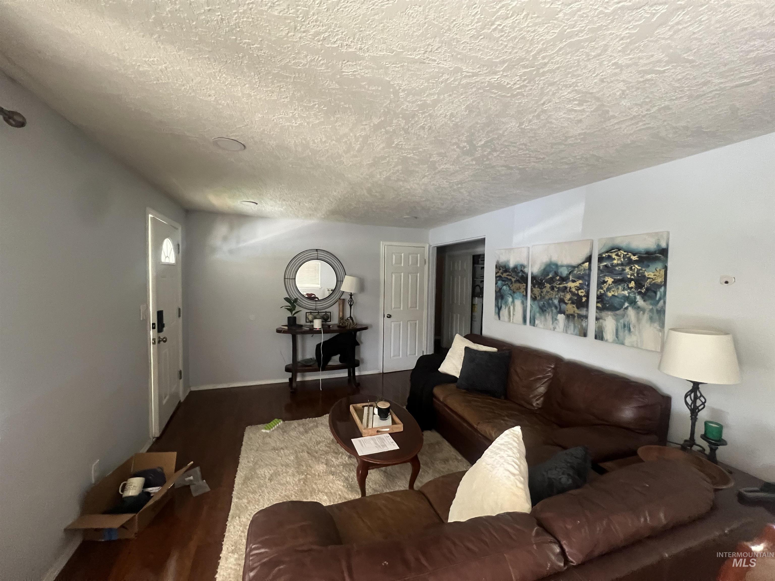 908 13th Street Kamiah, ID 83536 - Photo 2 of 12 Living room featuring wood finished floors and a textured ceiling