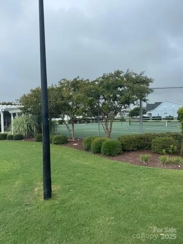 a view of a park with large trees