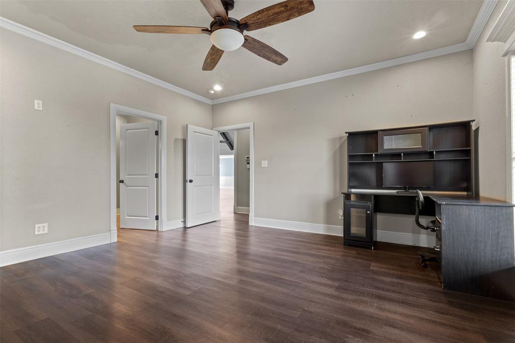 910 County Road 1111 Decatur, TX 76234 - Photo 19 of 40 Unfurnished office with recessed lighting, ornamental molding, dark wood-style flooring, and a ceiling fan