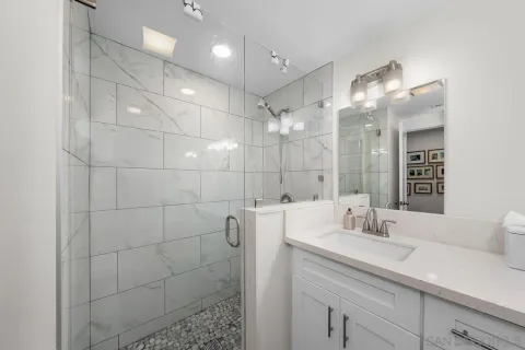 a bathroom with a sink shower and a mirror