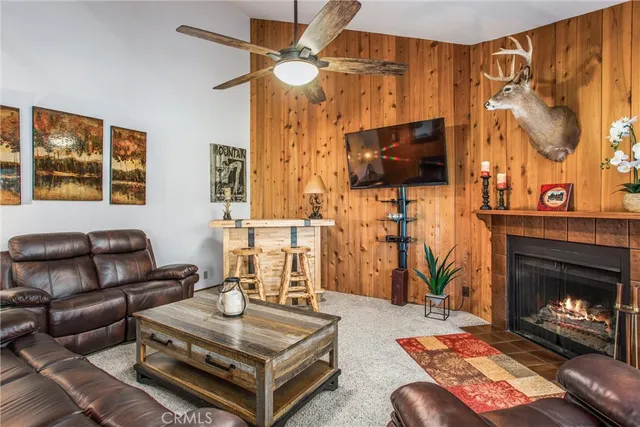 a living room with furniture a flat screen tv and a fireplace